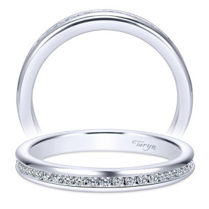 Taryn TW8132W44JJ 14 karat white gold wedding band, two views of a rounded top with a sunken row of rounds along the lower rim