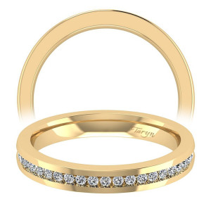 Taryn TW8132Y44JJ 14 karat yellow gold wedding band, angled view of a flat topped rim with rounds channel set along one side