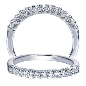 Taryn TW8150W44JJ 14 karat white gold wedding band, front view of a milgrain edged row of larger shared prong rounds over a scalloped gallery
