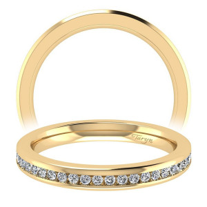 Taryn TW8195Y44JJ 14 karat yellow gold wedding band, front view of a squared edge face with a channel row of uniform rounds halfway
