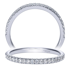 Taryn TW8264W44JJ 14 karat white gold wedding band, front view of a fine scalloped pave row of small rounds along a slim straight face