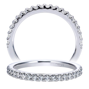 Taryn TW8267W44JJ 14 karat white gold wedding band, front view of rounds held by curling scrolled prongs along a slender tapering rail