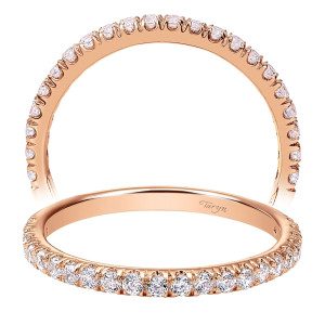 Taryn TW8270K44JJ 14 karat rose gold wedding band, front view of a scalloped pave row with shared prongs sweeping nearly three quarters around