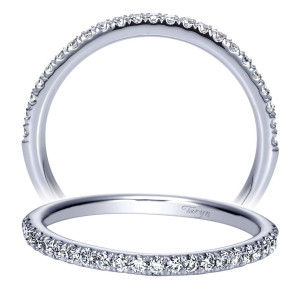 Taryn TW8509W44JJ 14 karat white gold wedding band, front view of a gentle contour with a fine pave row running unbroken around most of the curve