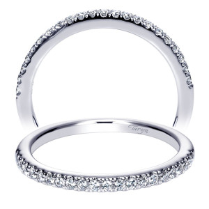 Taryn TW8539W44JJ 14 karat white gold wedding band, two views of a softly arced row of fine bright stones in shared prongs, rounded rim