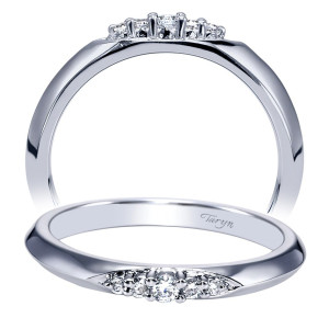 Taryn TW8543W44JJ 14 karat white gold wedding band, two views of a crossover contour with graduated bright stones prong set in a tapered leaf panel