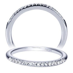 Taryn TW8544W44JJ 14 karat white gold wedding band, two views of a slender gently dipped rail with small bright stones in delicate shared prongs