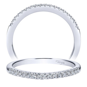 Taryn TW8555W44JJ 14 karat white gold wedding band, two views of a lightly arched row of evenly sized bright stones ending above plain tapered shoulders