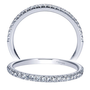 Taryn TW8560W44JJ 14 karat white gold wedding band, two views of a very fine micropave row of tiny stones circling well past halfway