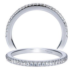 Taryn TW8574W44JJ 14 karat white gold wedding band, two views of a whisper thin rail carrying tiny evenly spaced stones far down both sides