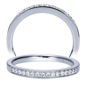 Taryn TW8594W44JJ 14 karat white gold wedding band, two views of a milgrain bordered bead set row along the outer face below a polished dome