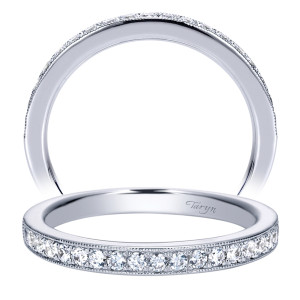 Taryn TW8610W44JJ 14 karat white gold wedding band, two views of evenly spaced bead set stones inside milgrain rails below a plain sloping crown