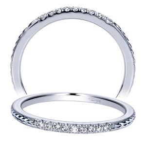 Taryn TW8636W44JJ 14 karat white gold wedding band, two views of a thin curve, pave across the front, milgrain rims and engraved shoulders behind