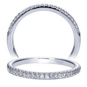 Taryn TW8657W44JJ 14 karat white gold wedding band, two views of a straight slim profile, shared prong rounds halfway, polished taper toward the back