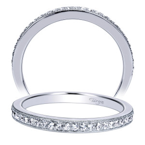 Taryn TW8687W44JJ 14 karat white gold wedding band, two views of a narrow rounded face with a milgrain rimmed bead row curving past halfway