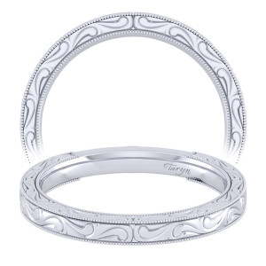 Taryn TW8688W4JJJ 14 karat white gold wedding band, two views of swirling scroll panels bordered by double milgrain rows, no stones anywhere on it