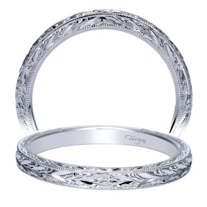 Taryn TW8690W4JJJ 14 karat white gold wedding band, two views of dense wheat engraving split by a central milgrain line, with no stones