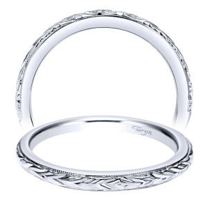 Taryn TW8691W4JJJ 14 karat white gold wedding band, two views of a slender profile carrying fine leaf engraving and a milgrain rim, no stones
