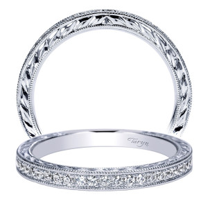 Taryn TW8705W44JJ 14 karat white gold wedding band, angled view of a bead set center row flanked by wheat engraved sides and milgrain