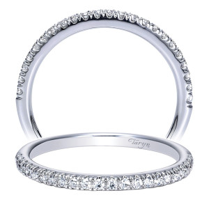 Taryn TW8708W44JJ 14 karat white gold wedding band, angled view of fine micropave carried almost completely around a very slim rounded rail