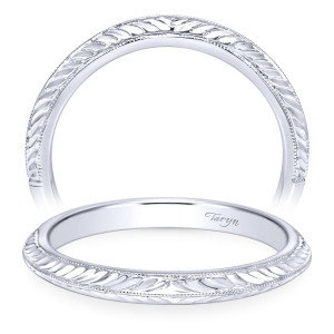 Taryn TW8709W4JJJ 14 karat white gold wedding band, angled view of a slim braided engraving set between fine milgrain rims, no stones