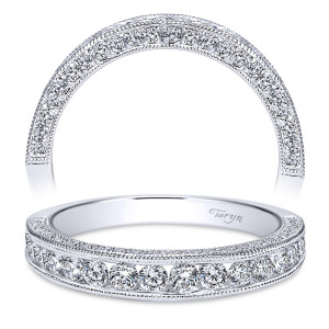 Taryn TW8747W44JJ 14 karat white gold wedding band, angled view of a wide center row of large stones flanked by pave on both sloped sides