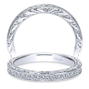 Taryn TW8802W44JJ 14 karat white gold wedding band, two views of a channel set square cut row beside a wheat engraved face with milgrain borders