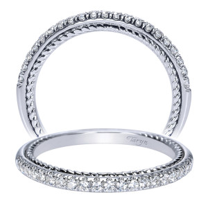 Taryn TW8803W44JJ 14 karat white gold wedding band, two views of a prong set stone row running beside a slim twisted rope rail