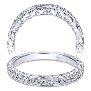 Taryn TW8839W44JJ 14 karat white gold wedding band, two views of edge pave rows around a wheat engraved face centered by one bezel stone