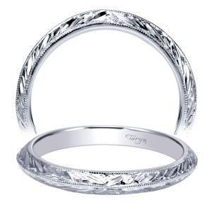Taryn TW8846W4JJJ 14 karat white gold wedding band, two views of a domed surface cut with wheat leaf engraving between fine milgrain rails