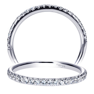 Taryn TW8851W44JJ 14 karat white gold wedding band, two views of a slim stone row set with fine shared prongs above an unadorned polished rail