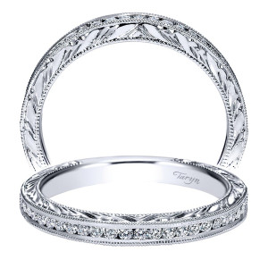 Taryn TW8852W44JJ 14 karat white gold wedding band, two views of a bead set row edged by twin milgrain rails under wheat engraving