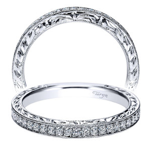 Taryn TW8869W44JJ 14 karat white gold wedding band, two views of a milgrain bordered pave row beneath scrolling leaf engraving on a domed face