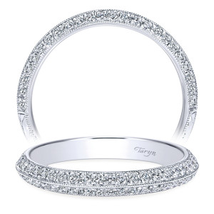 Taryn TW8872W44JJ 14 karat white gold wedding band, two views of a raised ridge with pave rows sloping down each side between milgrain edges