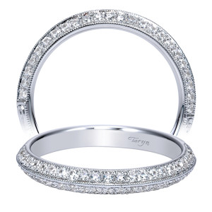 Taryn TW8873W44JJ 14 karat white gold wedding band, two views of pave rows wrapping over the crown, separated by fine milgrain rails
