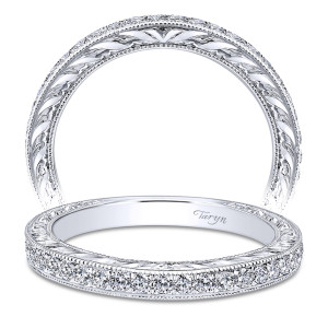 Taryn TW8918W44JJ 14 karat white gold wedding band, two views of wheat engraving running between two milgrain bordered rows of small rounds