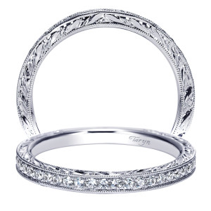 Taryn TW8922W44JJ 14 karat white gold wedding band, two views of tight wheat sheaf engraving with a bead set row along the outer rim