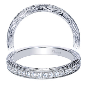 Taryn TW8986W44JJ 14 karat white gold wedding band, two views of long flowing engraved strokes above a pave row, milgrain on both rails
