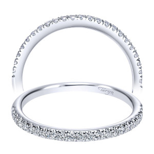 Taryn TW8994W44JJ 14 karat white gold wedding band, two views of evenly matched rounds in shared prongs above a very thin polished rail