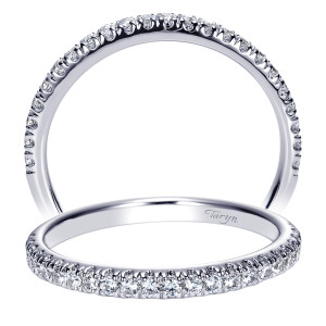 Taryn TW9005W44JJ 14 karat white gold wedding band, two views of rounds carried in slim shared prongs well down each side of the rail