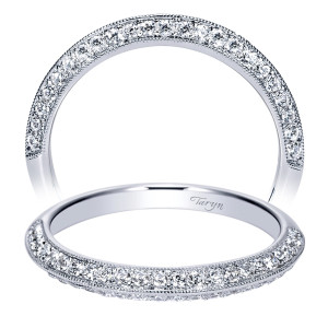 Taryn TW9040W44JJ 14 karat white gold wedding band, front view of a straight dome with bead set rows running down each flank under milgrain