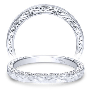 Taryn TW9059W4JJJ 14 karat white gold wedding band, front view of bold swirling scroll relief around the curve with a hammered outer face