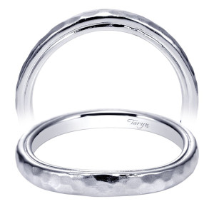 Taryn TW9092W4JJJ 14 karat white gold wedding band, front view of a hammered textured surface with a raised polished ridge along one side