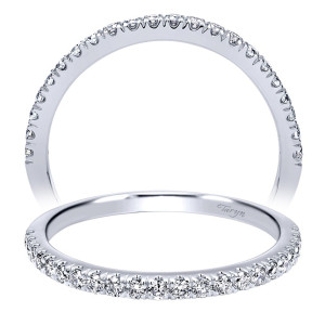 Taryn TW911733R1W44JJ 14 karat white gold wedding band, upright and tilted views of a fine prong set line running nearly to the inner rim