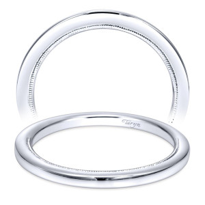 Taryn TW9208W4JJJ 14 karat white gold wedding band, angled view of a plain domed curve with no stones and a fine milgrain inner edge