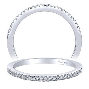 Taryn TW9299W44JJ 14 karat white gold wedding band, angled view of fine shared prong rounds running well past halfway on a slim straight profile