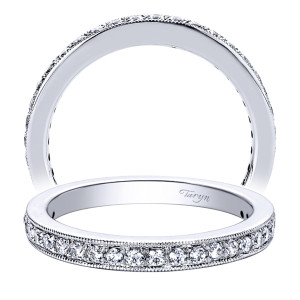 Taryn TW9336W44JJ 14 karat white gold wedding band, angled view of a single bead set line between raised milgrain rims, stones continuing around the sides