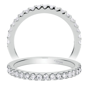 Taryn TW9375W44JJ 14 karat white gold wedding band, angled view of a continuous shared prong row of rounds with scalloped prongs visible from above