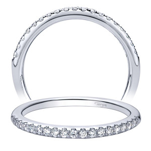Taryn TW9498W44JJ 14 karat white gold wedding band, front view of a slim contoured rim, pave rounds tapering smaller toward each polished end