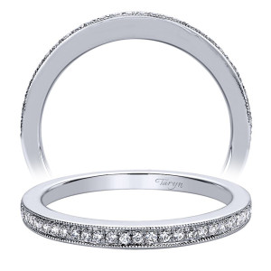 Taryn TW9509W44JJ 14 karat white gold wedding band, front view of a slender milgrain edged row of small rounds against a broad polished face
